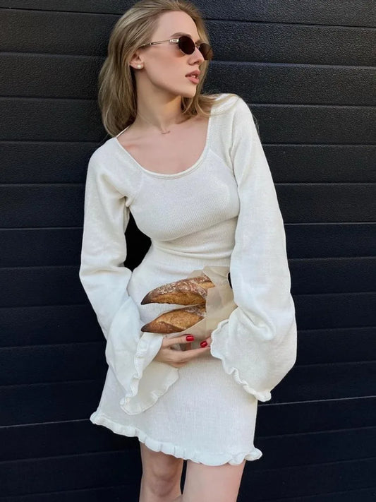 Vestido mini de punto sexy sin espalda para mujer, con cordones, manga larga, liso, corto, de cintura alta