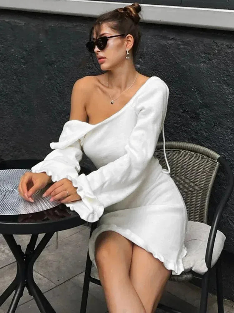 Vestido mini de punto sexy sin espalda para mujer, con cordones, manga larga, liso, corto, de cintura alta