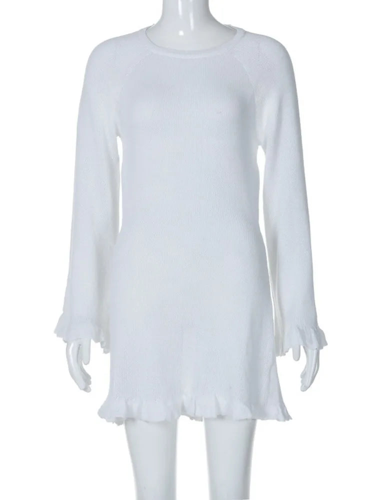 Vestido mini de punto sexy sin espalda para mujer, con cordones, manga larga, liso, corto, de cintura alta