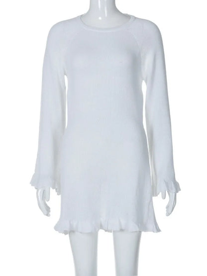 Vestido mini de punto sexy sin espalda para mujer, con cordones, manga larga, liso, corto, de cintura alta
