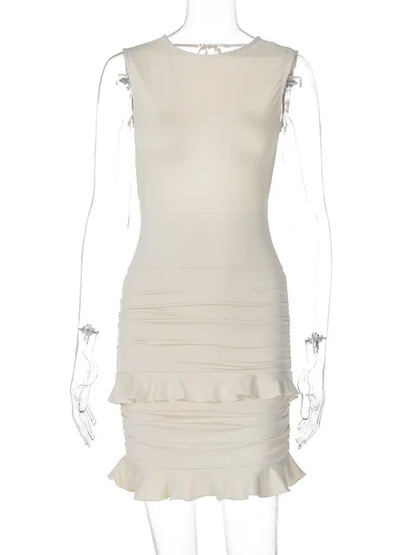 Sexy Backless Lace Mini Dress Women’s Ruched Patchwork Sleeveless Elegant Hip Wrap Slim Solid Party Evening Dress Female
