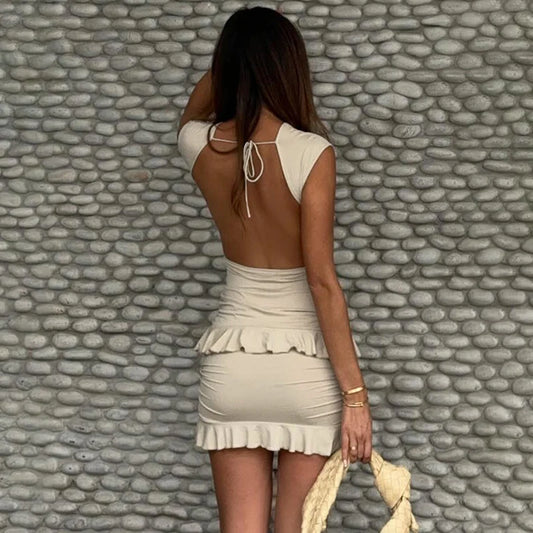 Vestido mini de encaje sexy sin espalda para mujer, fruncido, con retazos, sin mangas, elegante, ajustado, liso, para fiesta y noche.