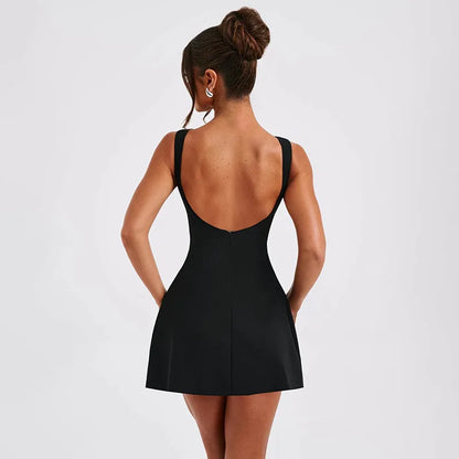 Vestido minivestido sexy sin espalda para mujer, sin mangas, liso, de cintura alta, ajustado, elegante, liso, para fiesta en la playa y club.