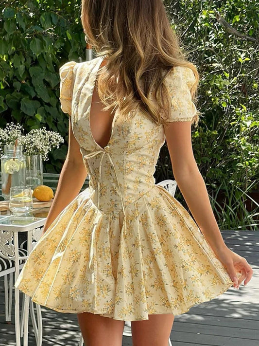 Sexy Deep V Neck Women’s Dresses 2025 Summer Fashion A-line Dress Female High Waist Pleated Printed Beach Party Dresses