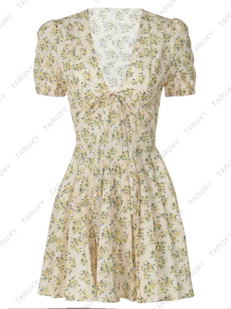 Sexy Deep V Neck Women’s Dresses 2025 Summer Fashion A-line Dress Female High Waist Pleated Printed Beach Party Dresses