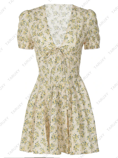 Sexy Deep V Neck Women’s Dresses 2025 Summer Fashion A-line Dress Female High Waist Pleated Printed Beach Party Dresses
