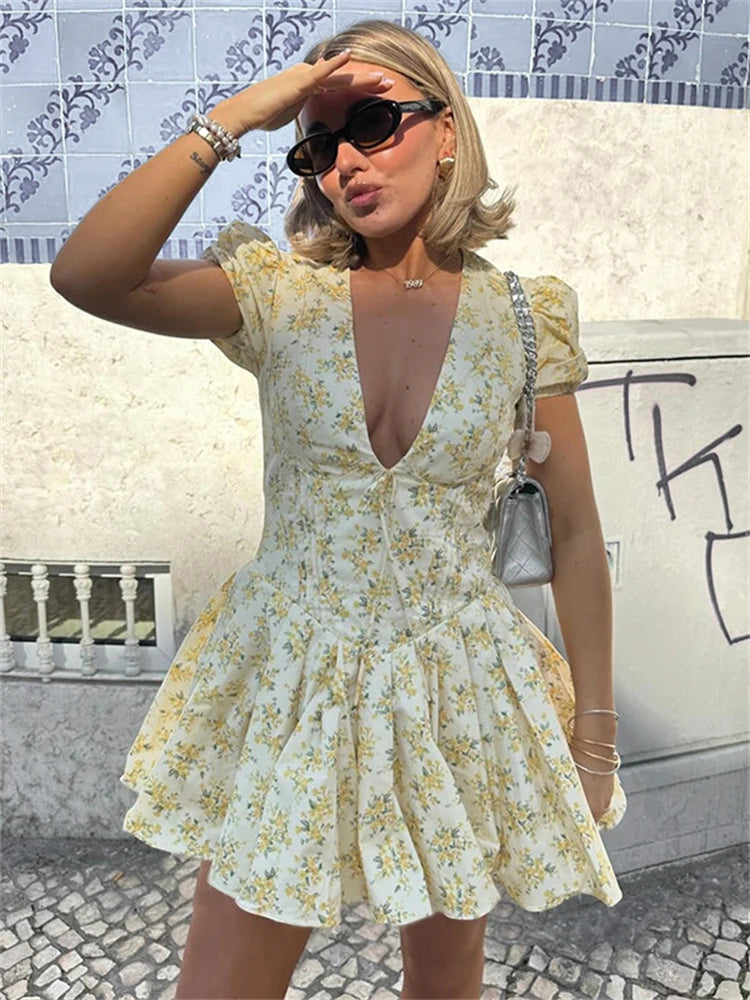Sexy Deep V Neck Women’s Dresses 2025 Summer Fashion A-line Dress Female High Waist Pleated Printed Beach Party Dresses