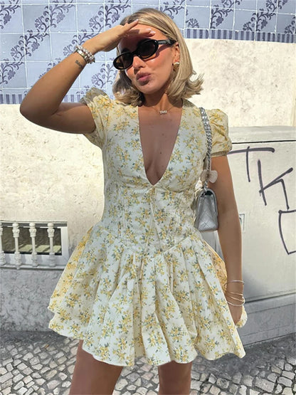 Sexy Deep V Neck Women’s Dresses 2025 Summer Fashion A-line Dress Female High Waist Pleated Printed Beach Party Dresses