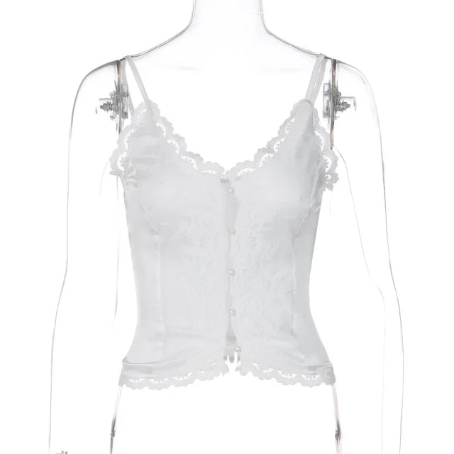 Tops cortos de encaje sexys para mujer Y2k con cuello en V y botones, cárdigan corto sin mangas para mujer 2025, camiseta de playa sexy para mujer