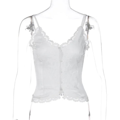 Tops cortos de encaje sexys para mujer Y2k con cuello en V y botones, cárdigan corto sin mangas para mujer 2025, camiseta de playa sexy para mujer