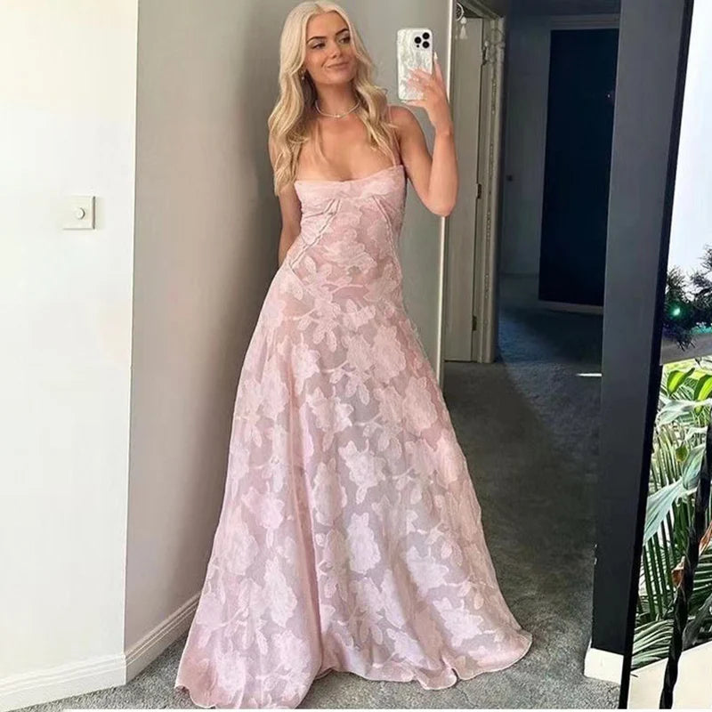 Vestido maxi sexy transparente de espagueti para mujer, con hombros descubiertos, de malla floral y retazos, para vacaciones