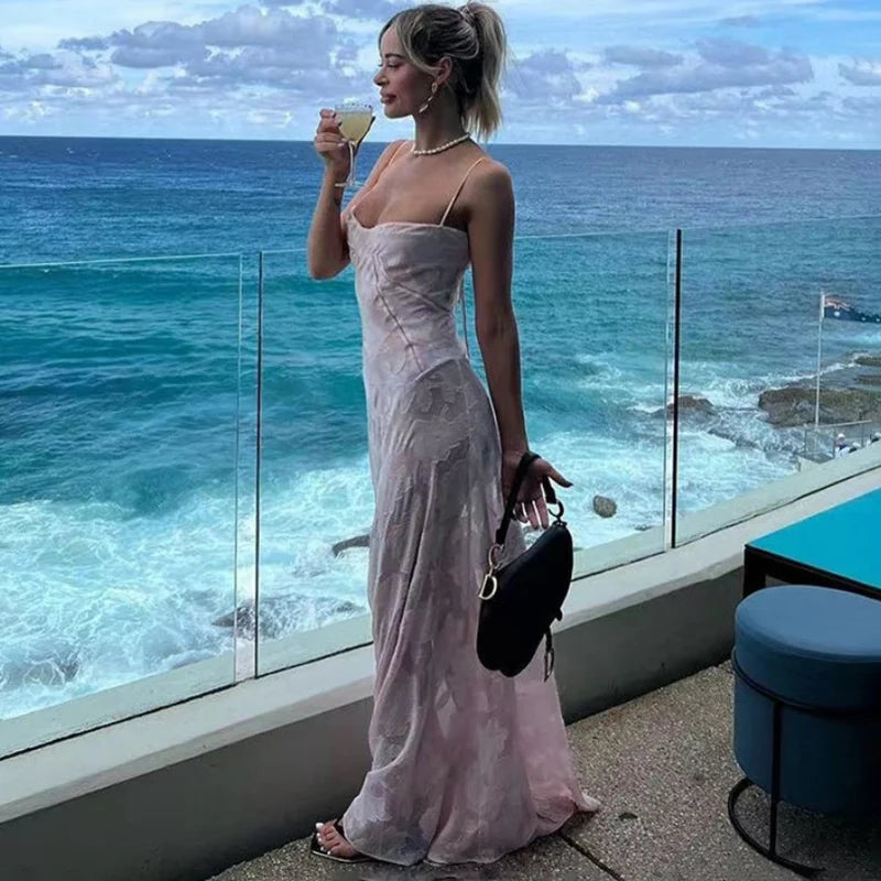 Vestido maxi sexy transparente de espagueti para mujer, con hombros descubiertos, de malla floral y retazos, para vacaciones