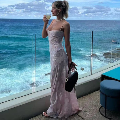 Vestido maxi sexy transparente de espagueti para mujer, con hombros descubiertos, de malla floral y retazos, para vacaciones