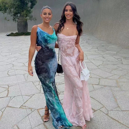 Vestido maxi sexy transparente de espagueti para mujer, con hombros descubiertos, de malla floral y retazos, para vacaciones