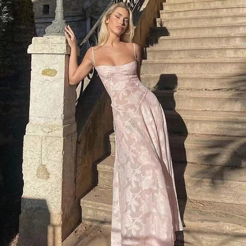 Vestido maxi sexy transparente de espagueti para mujer, con hombros descubiertos, de malla floral y retazos, para vacaciones