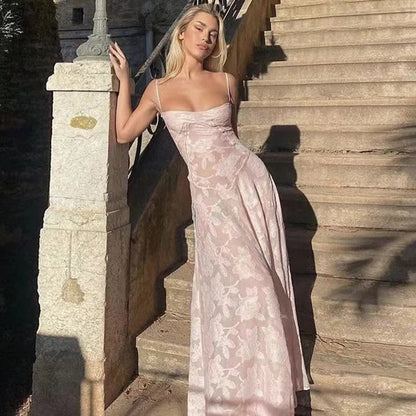 Vestido maxi sexy transparente de espagueti para mujer, con hombros descubiertos, de malla floral y retazos, para vacaciones