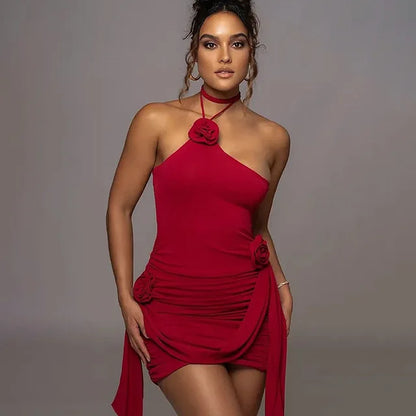 Vestido mini sexy ajustado con flores, cuello halter, sin tirantes, fruncido, con cordones en la cadera, elegante, para fiesta y club.