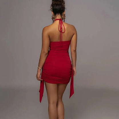 Vestido mini sexy ajustado con flores, cuello halter, sin tirantes, fruncido, con cordones en la cadera, elegante, para fiesta y club.