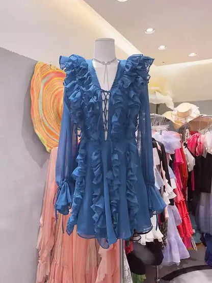 Vestido de malla de encaje transparente para mujer, vestido camisero extragrande con volantes y escote en V profundo, elegante y sexy