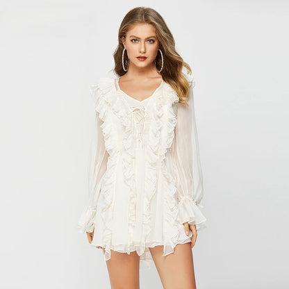 Vestido de malla de encaje transparente para mujer, vestido camisero extragrande con volantes y escote en V profundo, elegante y sexy