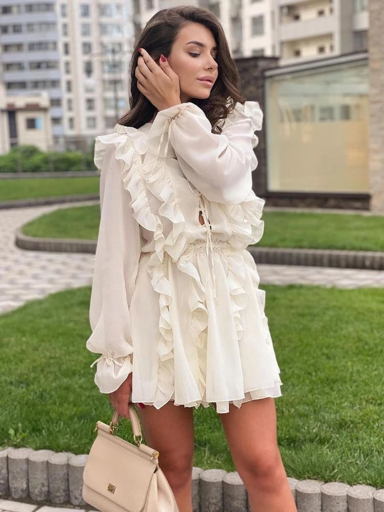 Vestido de malla de encaje transparente para mujer, vestido camisero extragrande con volantes y escote en V profundo, elegante y sexy