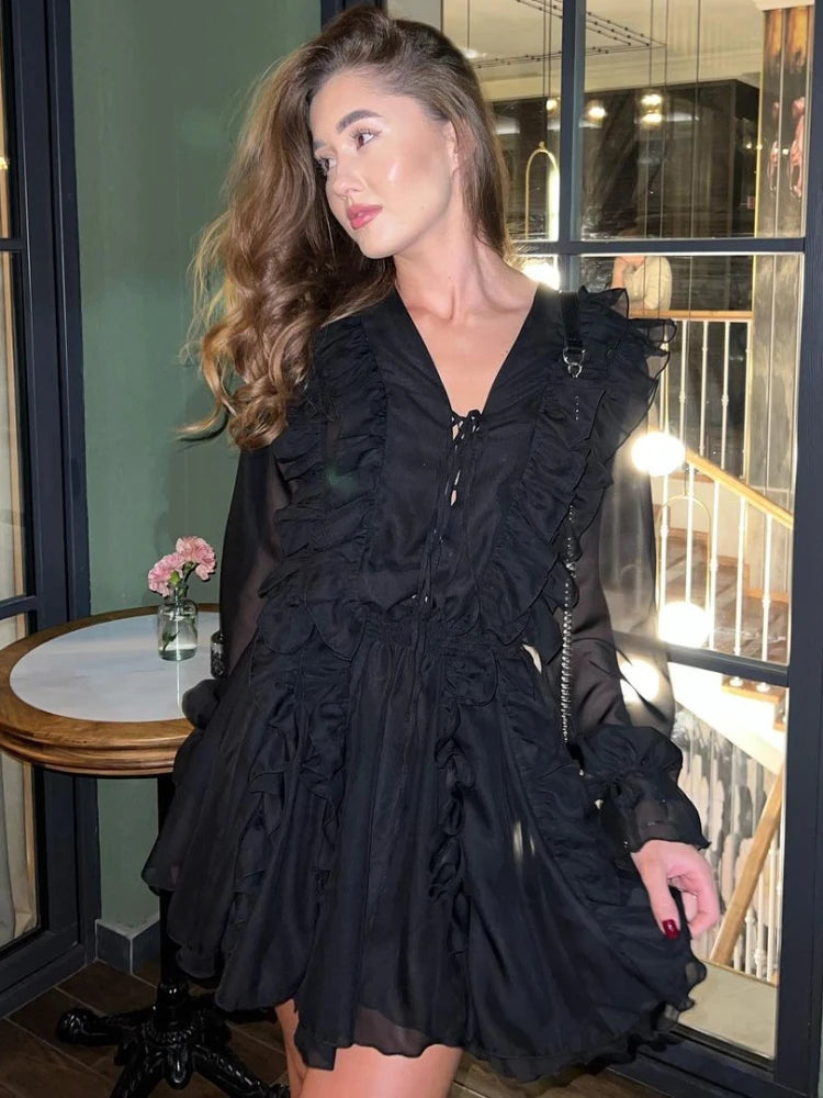Vestido de malla de encaje transparente para mujer, vestido camisero extragrande con volantes y escote en V profundo, elegante y sexy