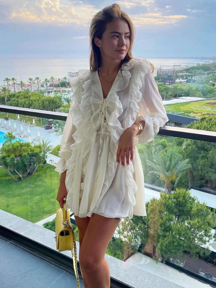 Vestido de malla de encaje transparente para mujer, vestido camisero extragrande con volantes y escote en V profundo, elegante y sexy