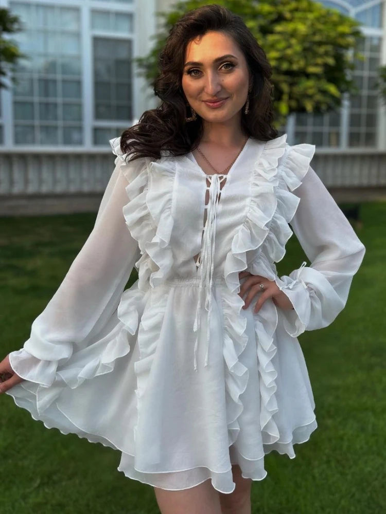 Vestido de malla de encaje transparente para mujer, vestido camisero extragrande con volantes y escote en V profundo, elegante y sexy