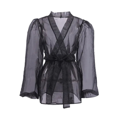 Vestido playero de malla transparente para mujer, playero holgado de manga larga con cuello en V y encaje, playero sexy de verano 2025.