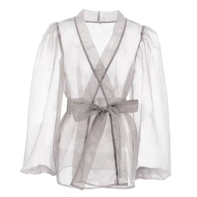 Vestido playero de malla transparente para mujer, playero holgado de manga larga con cuello en V y encaje, playero sexy de verano 2025.