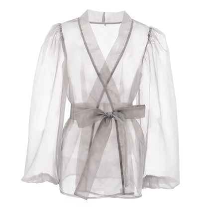 Vestido playero de malla transparente para mujer, playero holgado de manga larga con cuello en V y encaje, playero sexy de verano 2025.