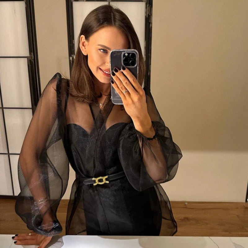 Vestido playero de malla transparente para mujer, playero holgado de manga larga con cuello en V y encaje, playero sexy de verano 2025.