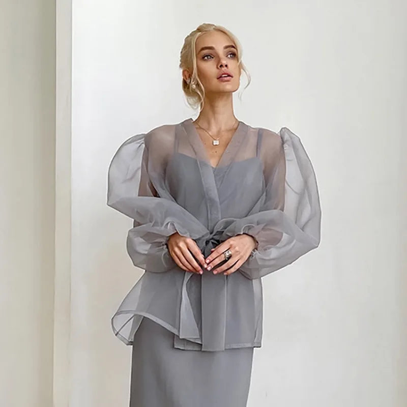 Vestido playero de malla transparente para mujer, playero holgado de manga larga con cuello en V y encaje, playero sexy de verano 2025.