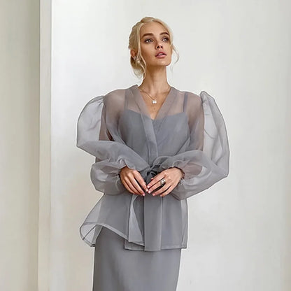 Vestido playero de malla transparente para mujer, playero holgado de manga larga con cuello en V y encaje, playero sexy de verano 2025.