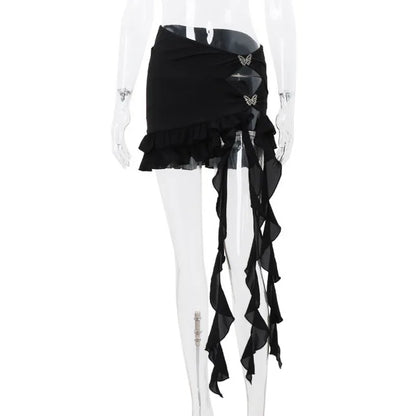 Side Hollow Out Skirt Suits Women Butterfly Mesh Mini Skirts And See Through Bodycon Bodysuit 2 Piece Sets For Ladies