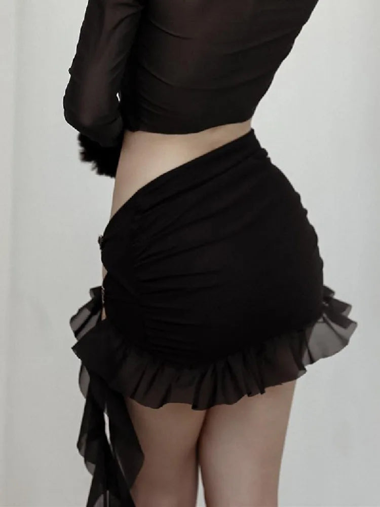 Side Hollow Out Skirt Suits Women Butterfly Mesh Mini Skirts And See Through Bodycon Bodysuit 2 Piece Sets For Ladies