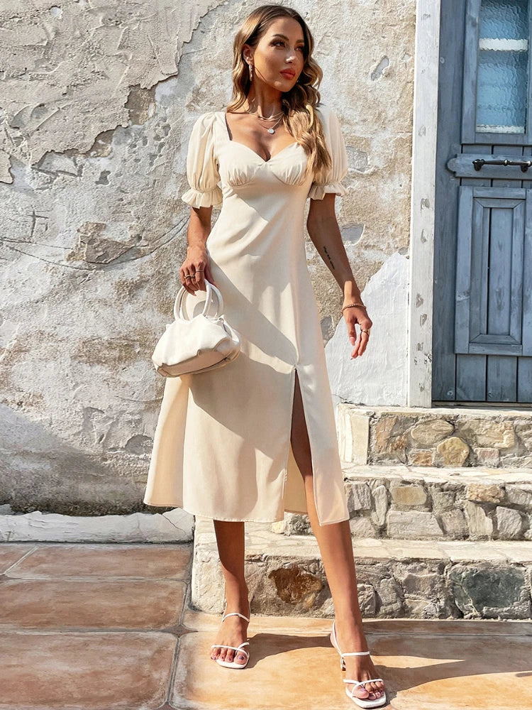 Side Slit Backless Dress For Women New Fashion V Neck Short Sleeve Lace Up A-line Dresses Femme Elegant Retro Dress Woman