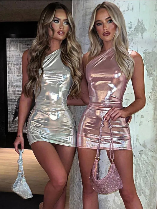 Vestido mini de PU plateado para mujer, ajustado, sexy, sin mangas, de cintura alta, para fiesta, moda, ajustado, novedad 2025