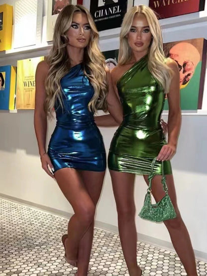 Vestido mini de PU plateado para mujer, ajustado, sexy, sin mangas, de cintura alta, para fiesta, moda, ajustado, novedad 2025