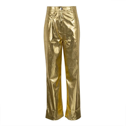 Pantalones de PU plateados para mujer, moda 2025, cintura alta, sueltos, pierna ancha, ropa de fiesta para chicas, ropa de calle, pantalones largos para mujer, otoño