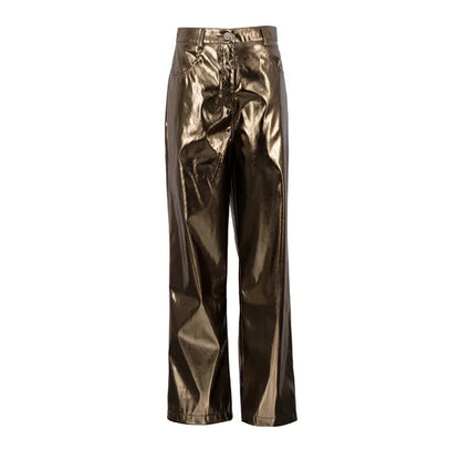 Pantalones de PU plateados para mujer, moda 2025, cintura alta, sueltos, pierna ancha, ropa de fiesta para chicas, ropa de calle, pantalones largos para mujer, otoño