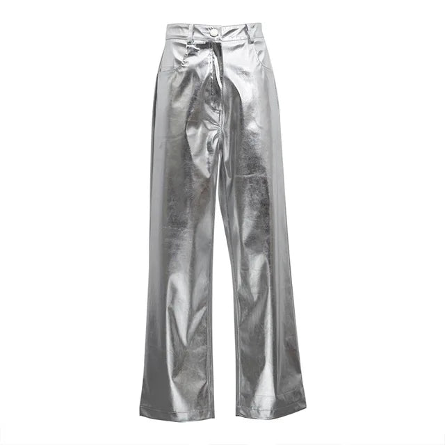 Pantalones de PU plateados para mujer, moda 2025, cintura alta, sueltos, pierna ancha, ropa de fiesta para chicas, ropa de calle, pantalones largos para mujer, otoño