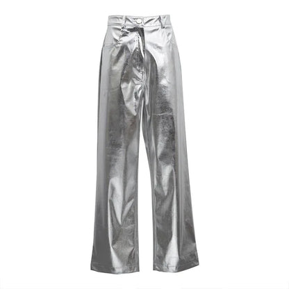 Pantalones de PU plateados para mujer, moda 2025, cintura alta, sueltos, pierna ancha, ropa de fiesta para chicas, ropa de calle, pantalones largos para mujer, otoño