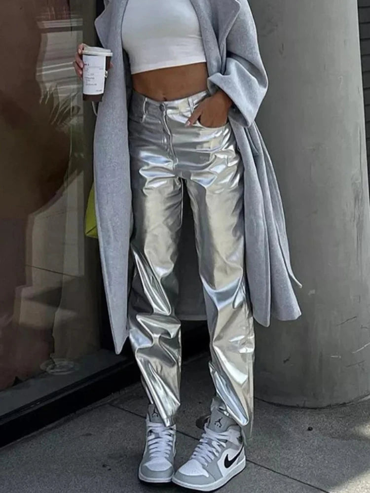 Pantalones de PU plateados para mujer, moda 2025, cintura alta, sueltos, pierna ancha, ropa de fiesta para chicas, ropa de calle, pantalones largos para mujer, otoño