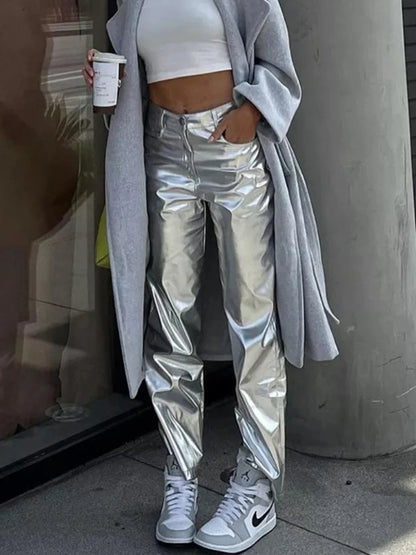 Pantalones de PU plateados para mujer, moda 2025, cintura alta, sueltos, pierna ancha, ropa de fiesta para chicas, ropa de calle, pantalones largos para mujer, otoño