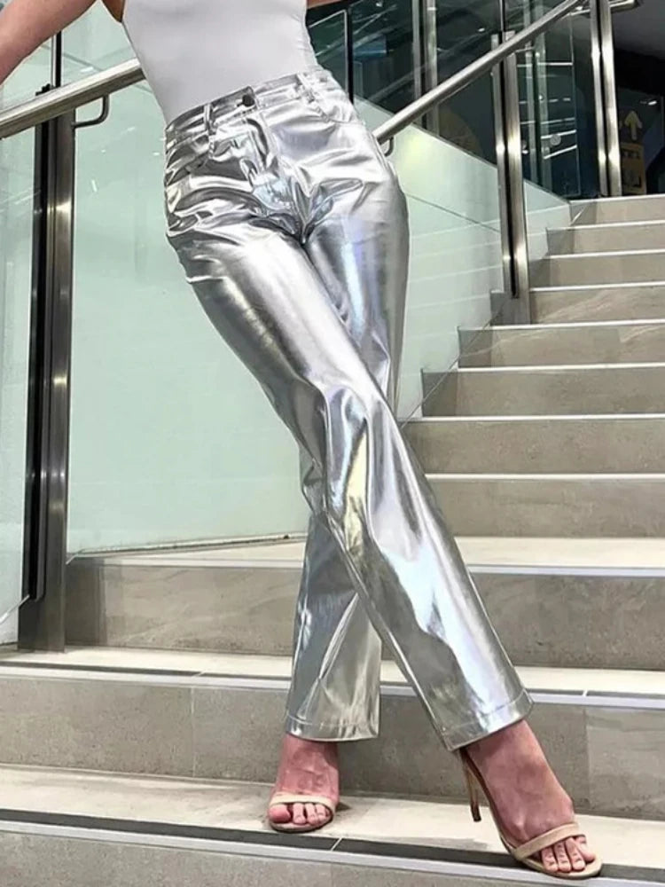 Pantalones de PU plateados para mujer, moda 2025, cintura alta, sueltos, pierna ancha, ropa de fiesta para chicas, ropa de calle, pantalones largos para mujer, otoño