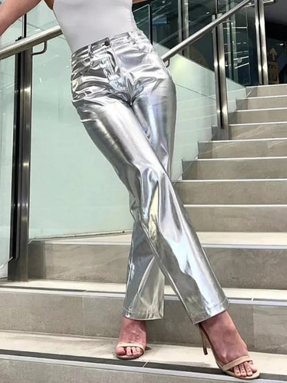 Pantalones de PU plateados para mujer, moda 2025, cintura alta, sueltos, pierna ancha, ropa de fiesta para chicas, ropa de calle, pantalones largos para mujer, otoño