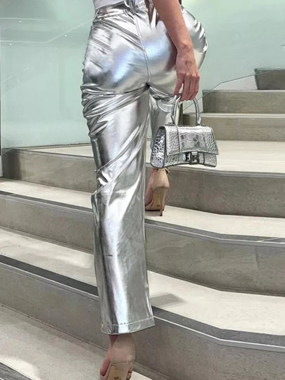 Pantalones de PU plateados para mujer, moda 2025, cintura alta, sueltos, pierna ancha, ropa de fiesta para chicas, ropa de calle, pantalones largos para mujer, otoño