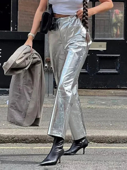 Pantalones de PU plateados para mujer, moda 2025, cintura alta, sueltos, pierna ancha, ropa de fiesta para chicas, ropa de calle, pantalones largos para mujer, otoño
