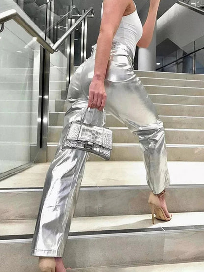 Pantalones de PU plateados para mujer, moda 2025, cintura alta, sueltos, pierna ancha, ropa de fiesta para chicas, ropa de calle, pantalones largos para mujer, otoño